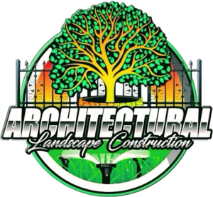 Logo of "Architectural Landscape Construction" featuring a stylized tree, fence, and water sprinklers.